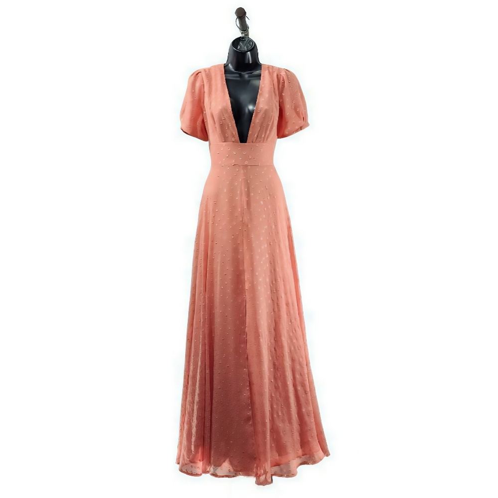 FREE PEOPLE Wanderer Maxi Dress Coral Swiss Dot Plunging Neckline, Size 10 - Picture 3 of 7